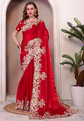 Embroidered Organza Saree in Red
