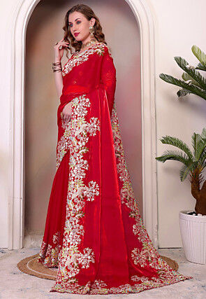 Embroidered Organza Saree in Red