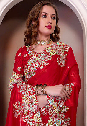 Embroidered Organza Saree in Red
