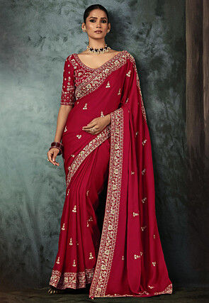 Embroidered Organza Saree in Red