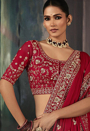 Embroidered Organza Saree in Red