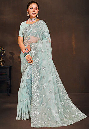 Embroidered Organza Saree in Sea Green