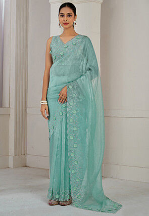 Embroidered Organza Saree in Sea Green