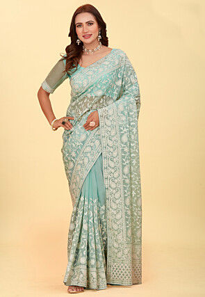 Embroidered Organza Saree in Sea Green