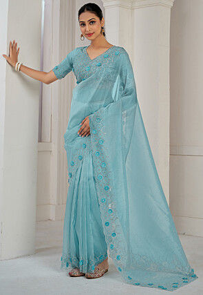 Embroidered Organza Saree in Sky Blue