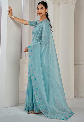 Embroidered Organza Saree in Sky Blue