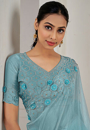 Embroidered Organza Saree in Sky Blue