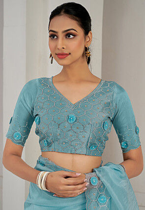 Embroidered Organza Saree in Sky Blue
