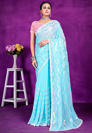 Embroidered Organza Saree in Sky Blue