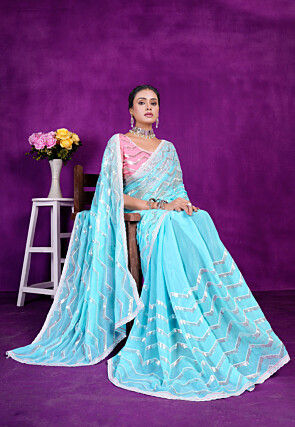 Embroidered Organza Saree in Sky Blue
