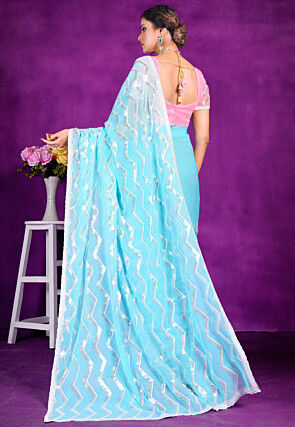 Embroidered Organza Saree in Sky Blue
