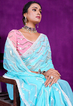 Embroidered Organza Saree in Sky Blue