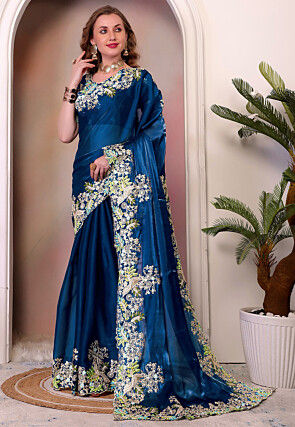 Embroidered Organza Saree in Teal Blue