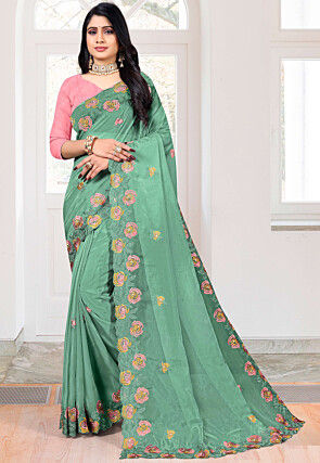 Embroidered Organza Saree in Teal Green