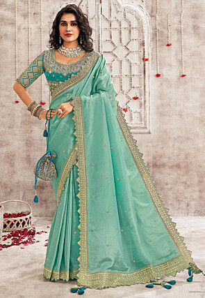 Embroidered Organza Saree in Turquoise