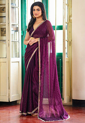 Embroidered Organza Saree in Wine