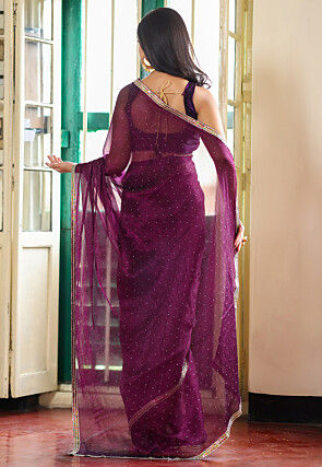 Embroidered Organza Saree in Wine