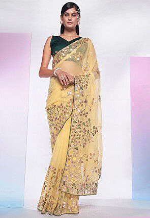 Embroidered Organza Saree in Yellow