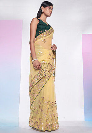 Embroidered Organza Saree in Yellow