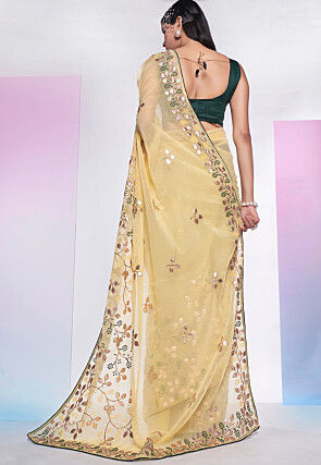 Embroidered Organza Saree in Yellow