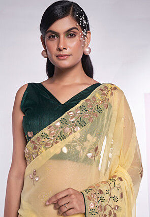 Embroidered Organza Saree in Yellow