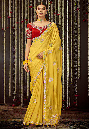 Embroidered Organza Saree in Yellow