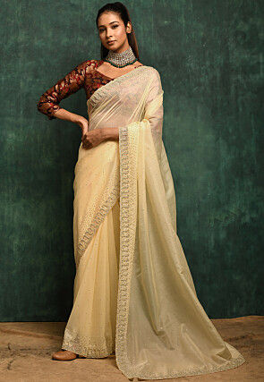 Embroidered Organza Saree in Yellow