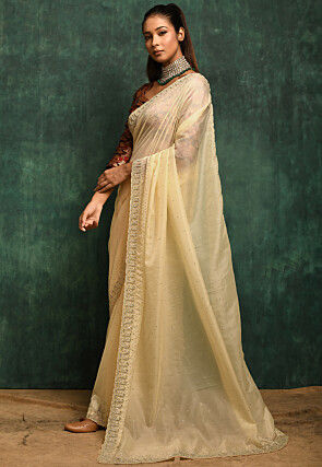 Embroidered Organza Saree in Yellow