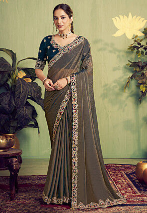 Embroidered Border Organza Satin Scalloped Saree in Charcoal Black