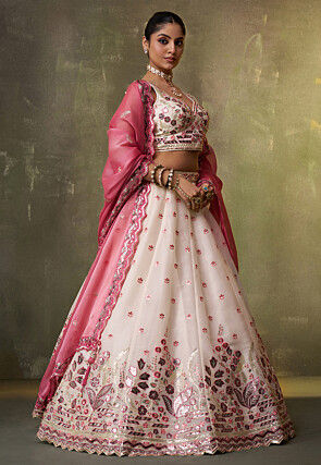 Embroidered Organza Scalloped Lehenga in Cream
