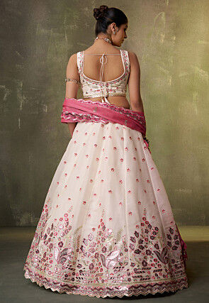 Embroidered Organza Scalloped Lehenga in Cream