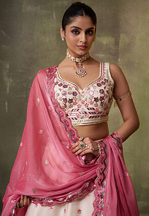 Embroidered Organza Scalloped Lehenga in Cream