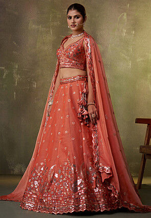 Embroidered Organza Scalloped Lehenga in Orange