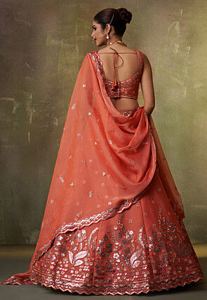 Embroidered Organza Scalloped Lehenga in Orange