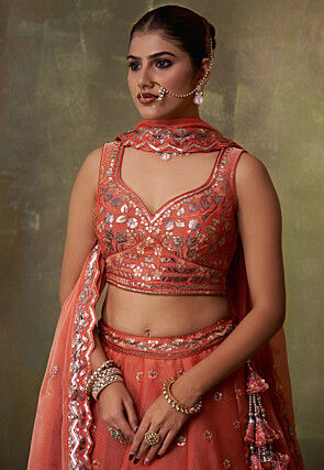 Embroidered Organza Scalloped Lehenga in Orange