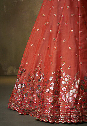 Embroidered Organza Scalloped Lehenga in Orange