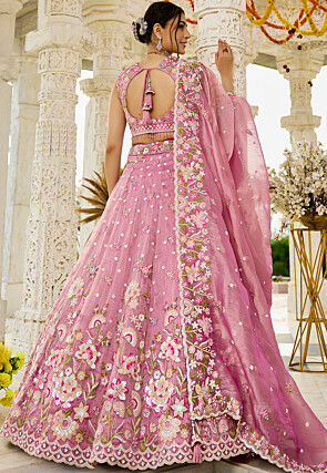 Embroidered Organza Scalloped Lehenga in Pink