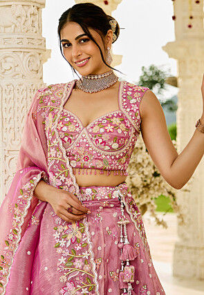 Embroidered Organza Scalloped Lehenga in Pink