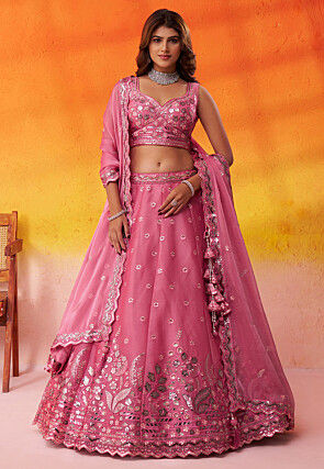 Embroidered Organza Scalloped Lehenga in Pink