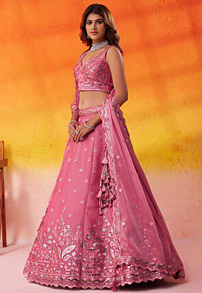 Embroidered Organza Scalloped Lehenga in Pink