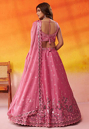 Embroidered Organza Scalloped Lehenga in Pink