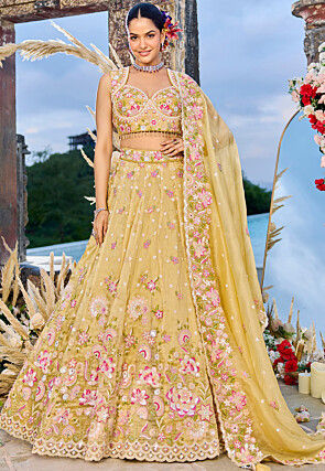 Embroidered Organza Scalloped Lehenga in Yellow