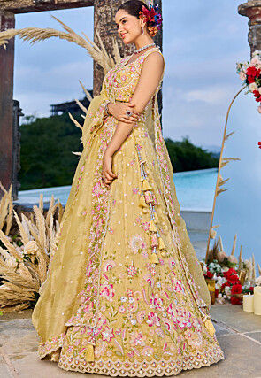 Embroidered Organza Scalloped Lehenga in Yellow