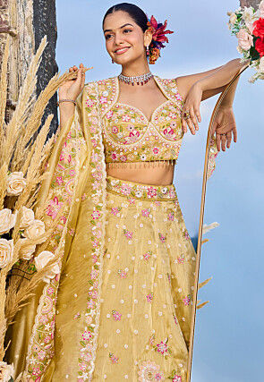 Embroidered Organza Scalloped Lehenga in Yellow