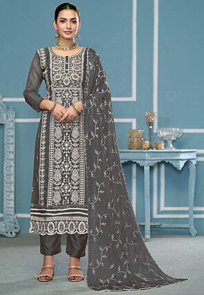 Embroidered Organza Scalloped Pakistani Suit in Dark Grey