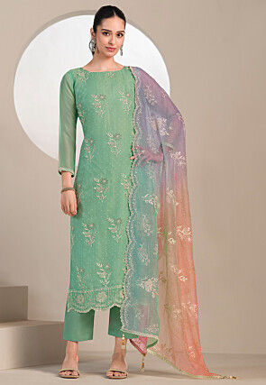 Embroidered Organza Scalloped Pakistani Suit in Light Green
