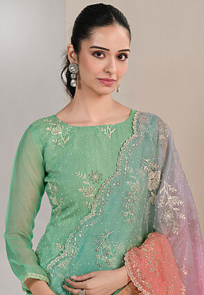 Embroidered Organza Scalloped Pakistani Suit in Light Green