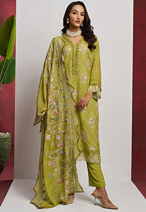 Embroidered Organza Scalloped Pakistani Suit in Light Green