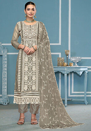 Embroidered Organza Scalloped Pakistani Suit in Light Grey