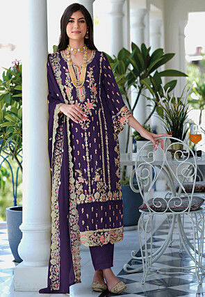 Embroidered Organza Scalloped Pakistani Suit in Purple